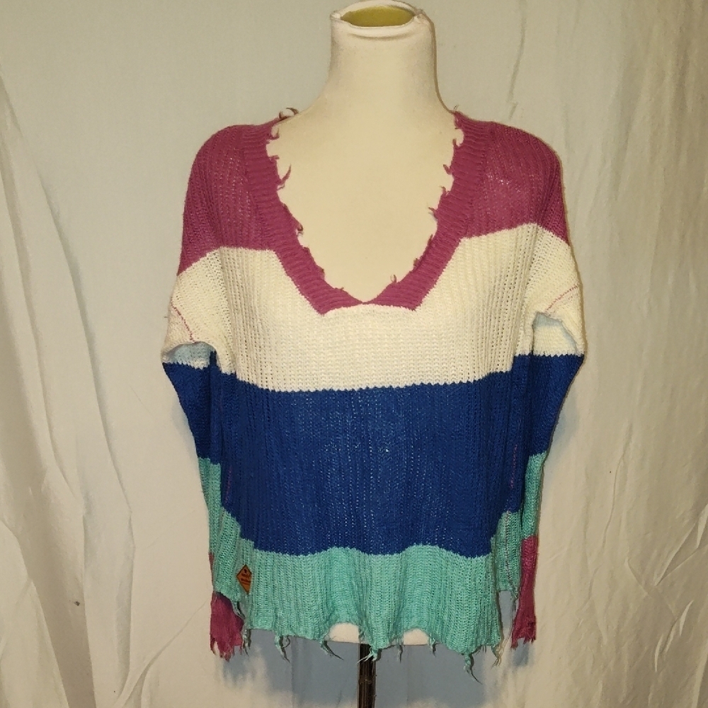 Simply Southern V-Neck Sweater in Pink, White, Blue, and Teal Distressed Size Sm